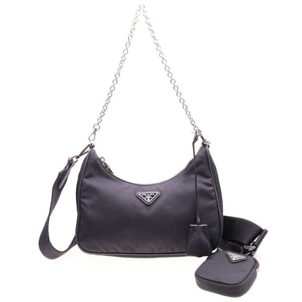 PRADA Triangle Logo Plate Shoulder Bag Black